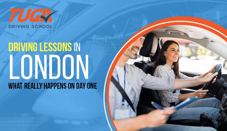Learner driver taking first driving lesson in London with instructor on day one